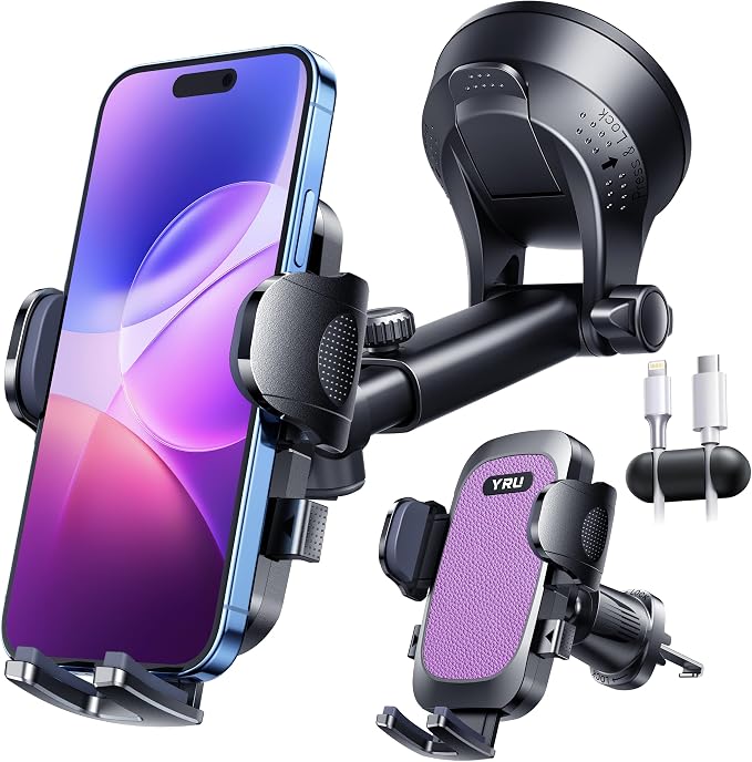YRU True Military-Grade [360° Rotation Suction] 2026 Ultimate Car Phone Holder Mount 【90+LBS Safest Strongest & Patent Certs】 Dashboard Windshield Vent for iPhone 17 16 Pro Max Samsung, Purple