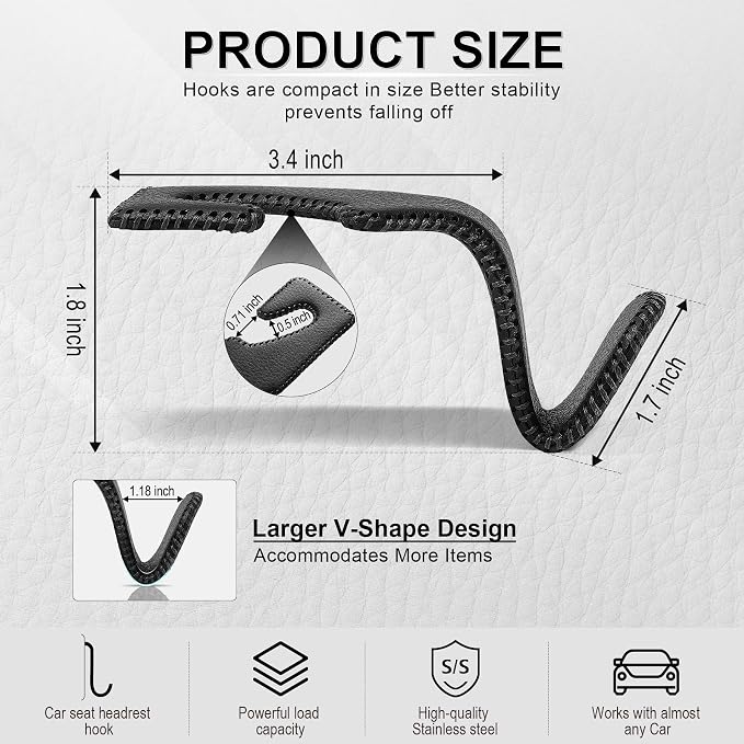 Headrest Hook for Car, Back Seat Organizer Black Leather Hanger Holder Hook, Interior Car Accessories for Hanging Purses Bags Coats, 4 Pack