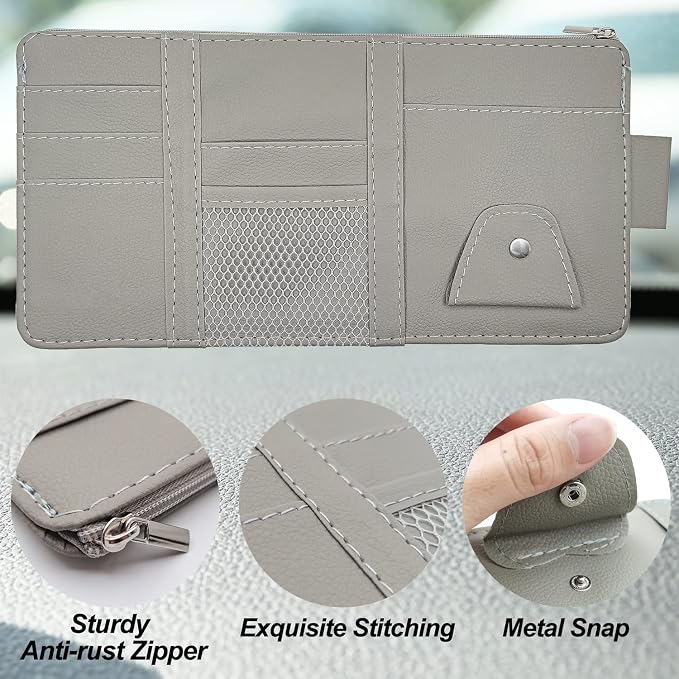2Pcs Car Sun Visor Organizer with Zipper Pocket, Car Truck Visor Storage Pouch Holder Travel Auto Document Holder for Mobile Phone, Sunglasses, Card - Gray
