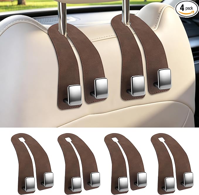 Car Headrest Hooks, Premium Suede with Metal Car Seat Back Storage Hooks for Handbag Coats Umbrella Backpack - 4 Pack, Brown