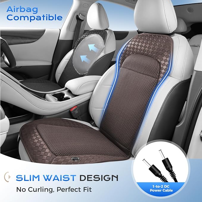 Coverado Summer Cooling Car Seat Cushion, 12V-24V Dual Blowing & Suction Ventilated Pad with 8 Turbo Fans, 3-Speed Adjustable Universal Fit for Hot Weather Car, SUV, Truck & Van-Brown