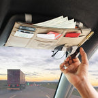 Car Sun Visor Organizer (Beige) | Multi-Pocket Net Zipper Case for Cash, Card, Pen & Sunglass | Visor Organizer Storage Pouch | Interior Accessories with Pocket for Car & Truck | Small