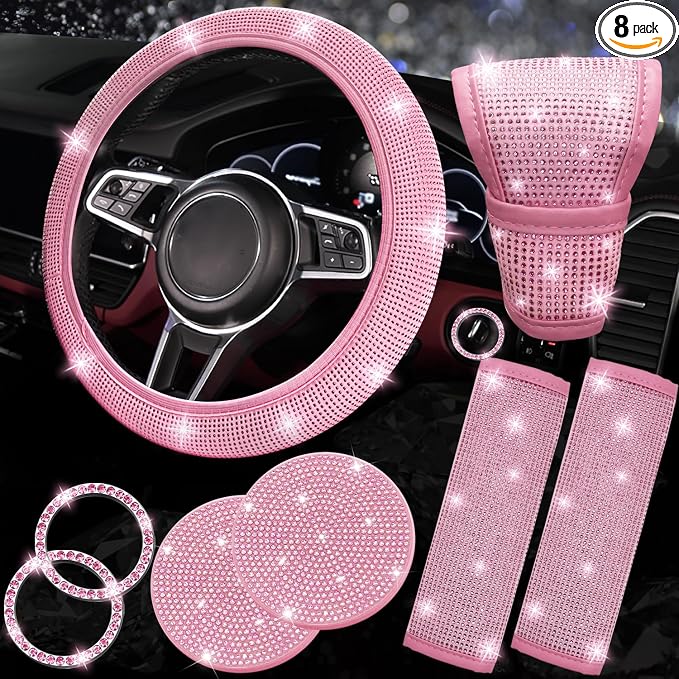 8 pcs Pink Bling Car Accessories Set for Women, Steering Wheel Cover, Sparkly Seat Belt Covers, Bling Gear Shift Cover, Universal Fit Most Cars (All Pink Diamond)