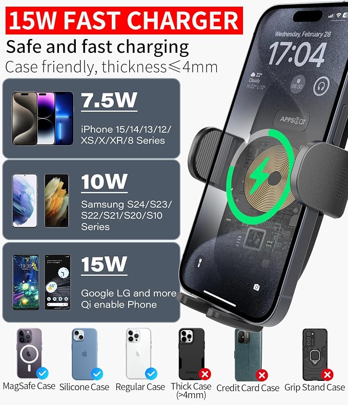 15W Qi Wireless Car Charger Solid Cup Holder Mount, Adjustable Long Arm & 360° Rotation, Fits 3"–4" Round Cup Holders, Works with Cases ≤ 4 mm (No Metal Attachments)