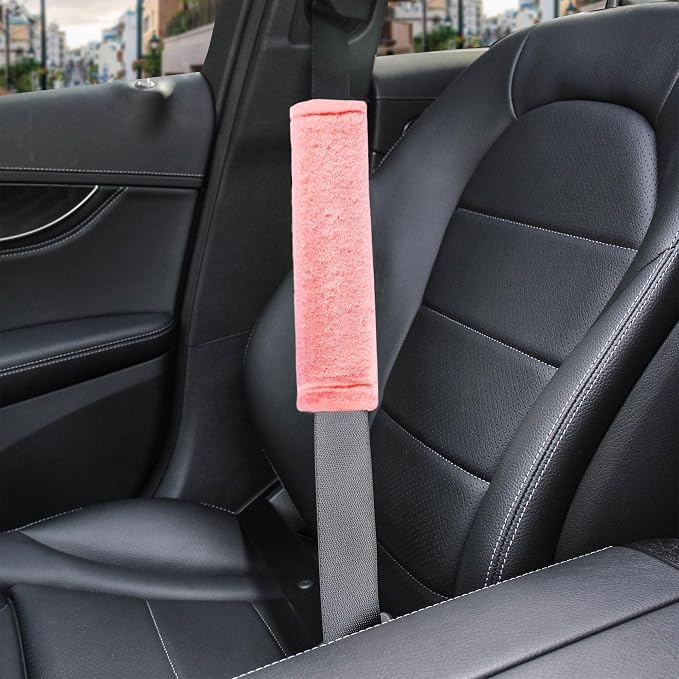 Soft Faux Fur Universal Fit Seatbelt Cover Car Truck SUV Airplane Seat Belt Shoulder Pad for Carmera Backpack Straps Neck Cushion Protector 2 Pack 10.5in Orange Pink