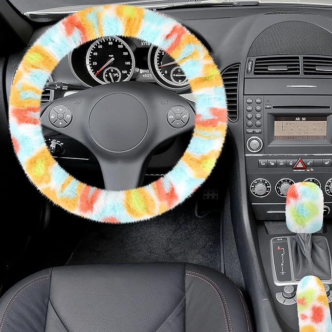 Fuzzy Car Steering Wheel Cover, Universal Fluffy Auto Wheel Cover & Handbrake Cover & Gear Shift Cover Set, Soft Warm Steering Wheel Protector Car Accessories for Men Women Girls, Colorful