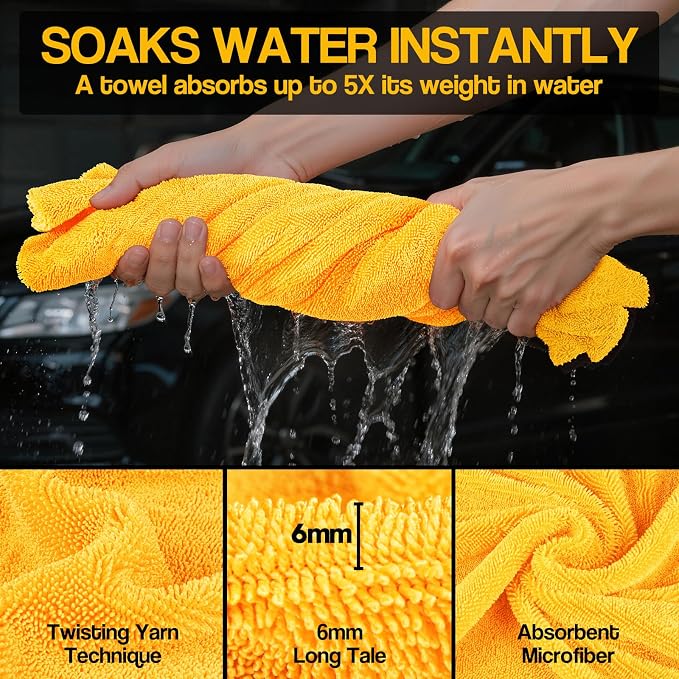 4 Pack Twisted Loop Car Drying Towel, 36x24 in Car Towels Cleaning Supplies, Reusable Shammy Quick Dry Cloth for Carwash, for Auto, Boat, Kitchen, Windows & Bathroom（Yellow）