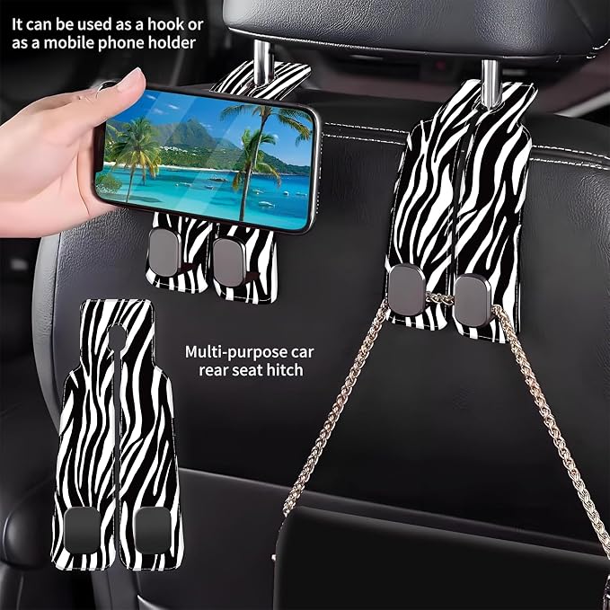 Purse Hook for Car Abstract Black Zebra 1 Pack Headrest Back Seat Hook Premium Leather Double Metal Hanger Storage Pack Bag Purse Holder Car Interior Accessories