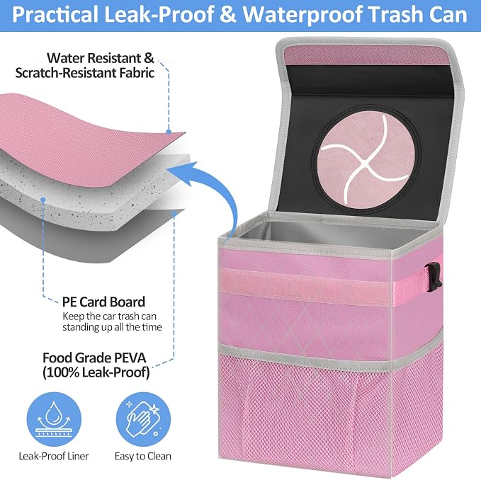 Car Trash Can for SUVs, Trucks, Vans - Pink, 2 Gallons Capacity, Leak-Proof Liner, Utility Clasps, Cute Design