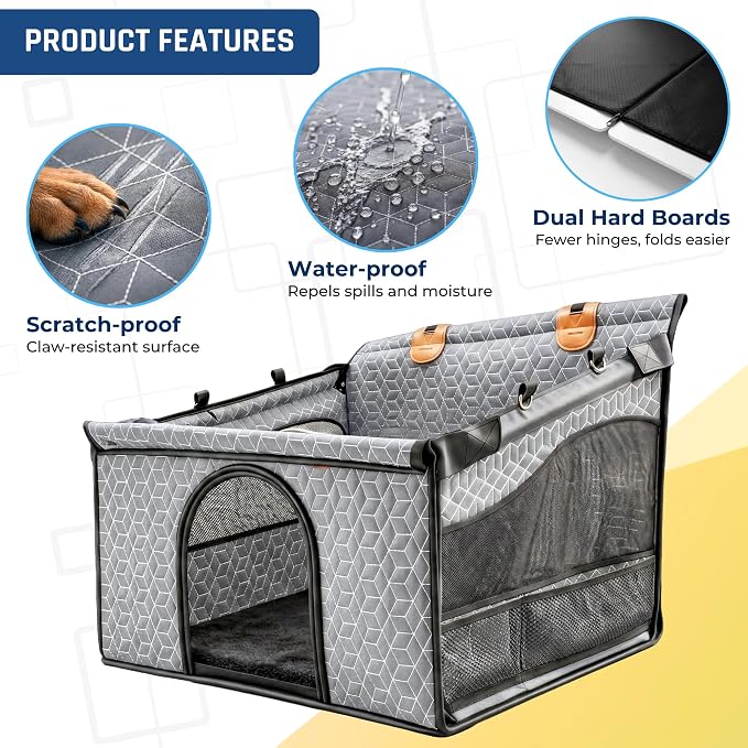 Dog Car Seat for Large Medium Dogs | Waterproof Dog Seat Cover for Back Seat with Hard Bottom | Alloy Twist-Lock Rods | 3 Mesh Windows | Removable Fleece Mat | Cars, SUVs, Trucks (Grey)