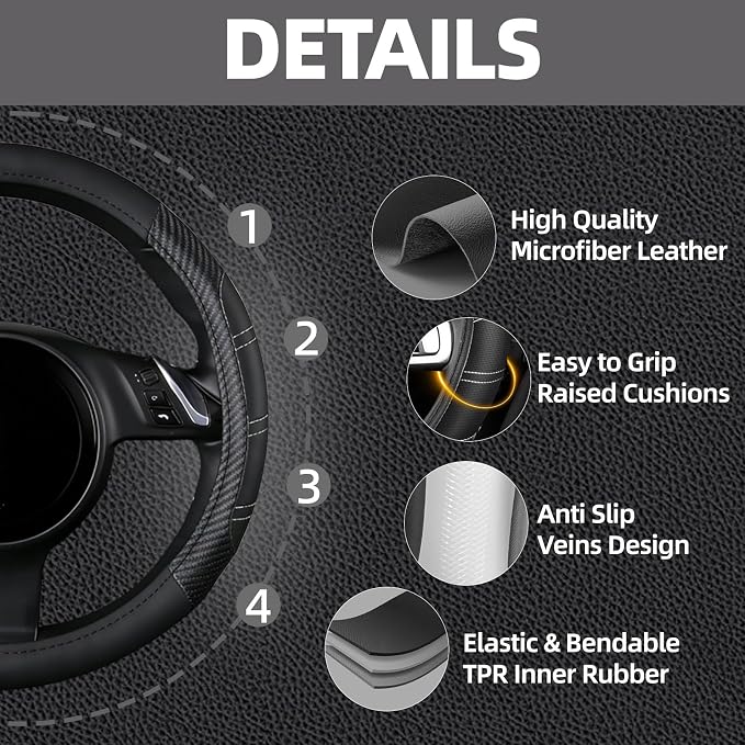 6 Pcs Black Car Accessories Set, Sport Leather Steering Wheel Cover 14.5-15inch Universal, Car Center Console Cover, Seat Belt Cushion, Cup Holder Coaster (Black Carbon Fiber)
