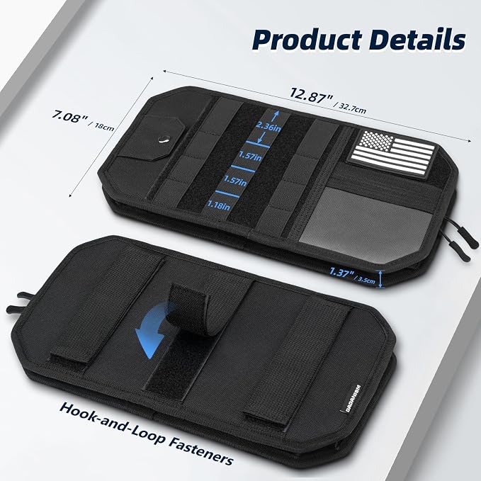 Car Sun Visor Organizer, Molle Car Storage Organizer with Zipper Pouch, Glasses Clip, Adjustable Strap, Semi-Rigid Molle Panel Universal Fit for Most Cars, SUVs, Trucks, Jeeps, Black