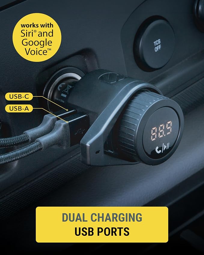 BTFM9 FM Bluetooth Transmitter Car, Dual 12W USB-C and USB-A Charging Ports, Fast Type C Car Charger, Wireless Radio Bluetooth Adapter, Hands-Free Kit for Calls, Siri and Google Assistant