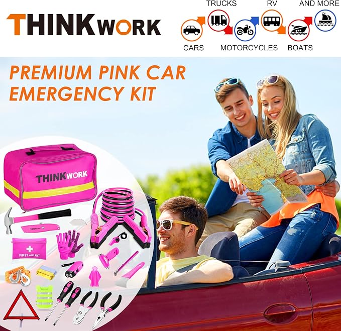 Car Emergency Kit for Teen Girl and Lady's Gifts, Pink Emergency Roadside Assistance kit with Pink Car Tool Set, 10FT Jumper, First Aid Kit, and More Ideal Pink Car Accessories Tool - E8