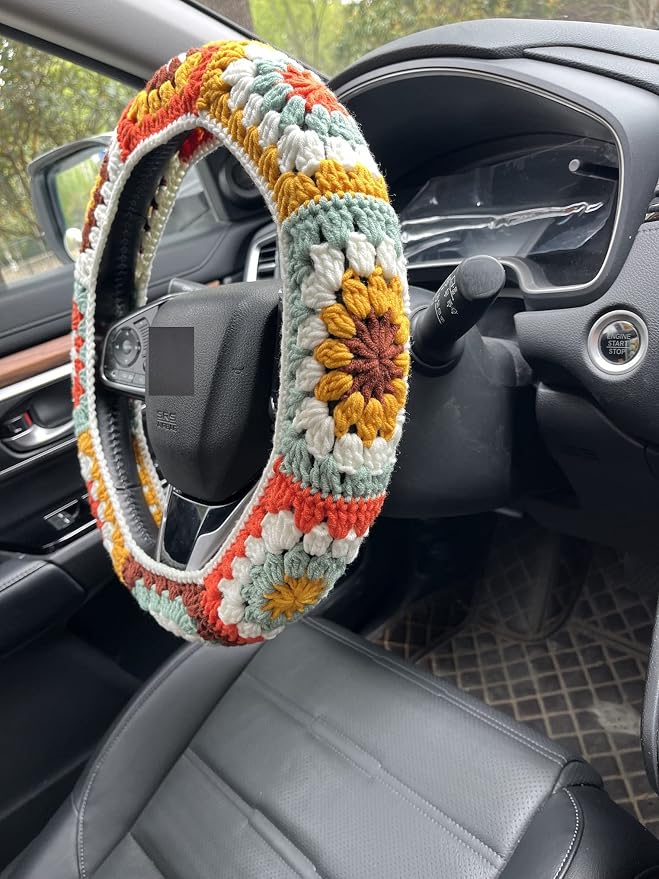 Steering Wheel Cover,Handmade Crochet Rainbow Sunflower Granny Square Steering Wheel Covers (Steering Wheel Cover+Crochet Strawberry)