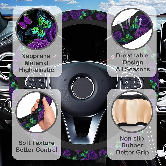 Purple Rose and Butterfly Steering Wheel Cover for Women, Anti-Slip Car Steering Wheel Cover with 2 Pcs Cup Holders Neoprene Breathable Car Accessories Universal 15 Inch Auto Interior Decor