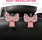 2PCS Bling Bow Car Seat Headrest Hooks, S-Type Crystal Auto Rear Seat Organizer for Handbags Purses Groceries, Cute Rhinestone Bow Seats Back Storage Hook for SUV Truck Sedan (Pink)