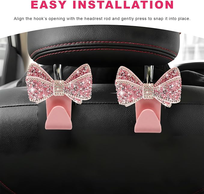 2PCS Bling Bow Car Seat Headrest Hooks, S-Type Crystal Auto Rear Seat Organizer for Handbags Purses Groceries, Cute Rhinestone Bow Seats Back Storage Hook for SUV Truck Sedan (Pink)