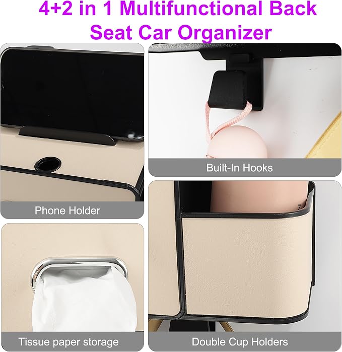 Back Seat Car Organizer, 4+2 in 1 Multifunctional Car Backseat Storage Box with 4 Cup Holders Tissue Box Hook, Car Interior Storage for Travel Phones Snacks Drinks(Beige)