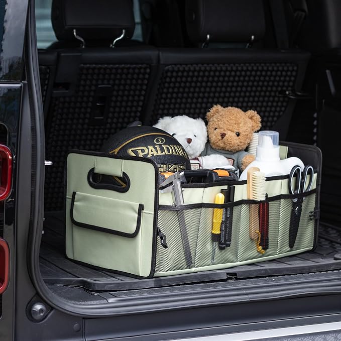 Car Trunk Organizer, Car Organizers and Storage Collapsible Multi Compartment Container Box, Adjustable Car Accessories for SUV Sedan Truck, Standard Size, Light Green