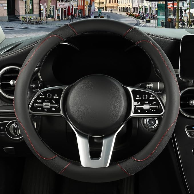 Black Breathable Microfiber Leather Steering Wheel Cover | Breathable Anti Slip Grip Cool Sporty Look Glow for Women Men