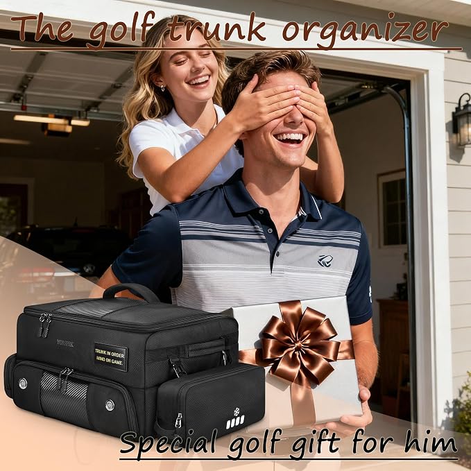 Upgraded Golf Trunk Organizer, Golf Gifts for Men, with Removable Insulated Pouch&Dust-Proof Protective Layer, Multi-Compartment fits 2 Pairs of Shoes, Golf Accessories