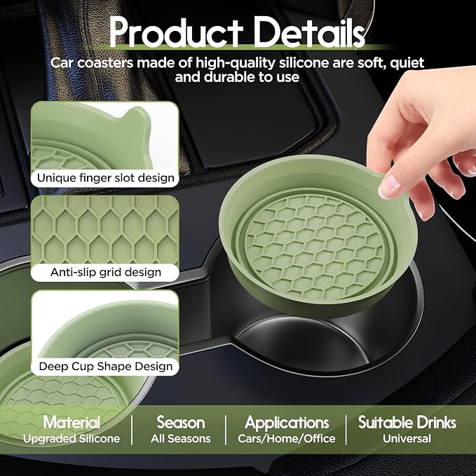 Car Cup Coaster Universal Automotive Waterproof Non-Slip Cup Holders Sift-Proof Spill Holder Car Interior Accessories 4 Pack Tea Green