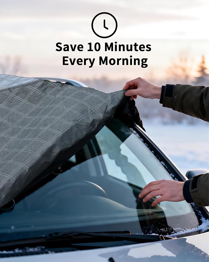 Snow Cover for Car Windshield, Snow Brush and Ice Scraper, Winter Front Window, Protects from Ice Snow Sun, Durable Car Hood Cover, Easy Install Automotive Exterior Accessories (B-Snow Cover-L-Kit)