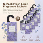Large 12 Packs Fresh Linen Hanging Scented Sachets Long-Lasting Closet Deodorizer Air Freshener Fabric Refresher Odor Eliminator for Drawer Home Fragrance Gift Set