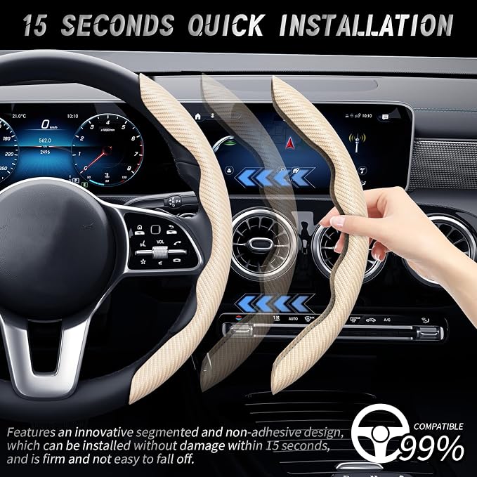2pcs Car Steering Wheel Cover,Anti-Skid Carbon Fiber Steering Wheel Protector for Men Women,Multiple Color Options,Universal for Most Car Interiors Accessories (Beige)