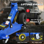 2 Ton Low Profile Floor Jack, 4000 lbs, with Stands, Chock & Gloves – Blue | Steel jack, 5.3"-13" lift. Overload valve, leak-proof. with stands, chock, gloves. For cars, SUVs, DIYers & mechanics.