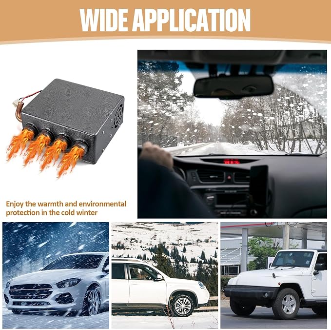 12V Universal Car Auxiliary Heater - Windscreen Demister & Defroster - Compact Underdash Heater Kit for Suv Utv Camper - Winter Automotive Air Conditioner for Heating & Defrosting(4 Ports)