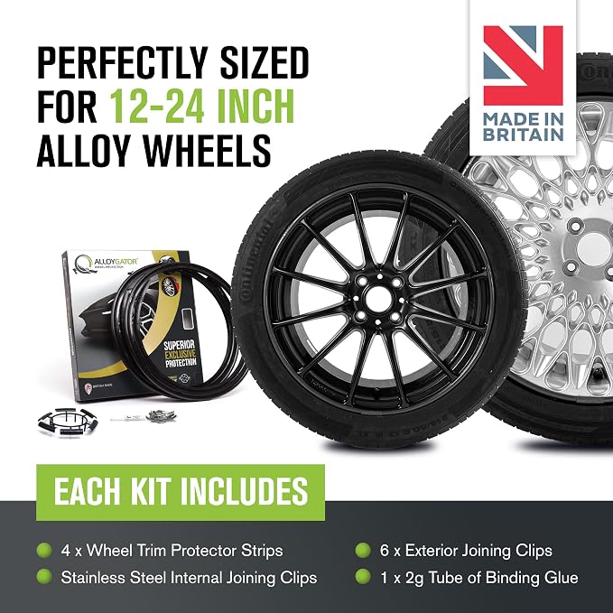 AlloyGator Black Rim Protector for Car Wheels (Fits 12-24" Wheel Diameter) - Pack of 4 Premium Alloy Wheel Protector to Avoid Scratches & Scuffs - Adhesive Free Curb Rash Rim Protectors