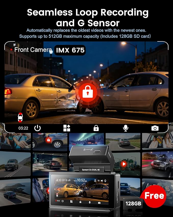 Dash Cam Front and Rear - C4 Dual 4K Built-in GPS and 5G WiFi, Free 128GB Card Included, HDR Night Vision, WDR, 4K UHD Dash Camera for Cars, App, 24H Parking Mode