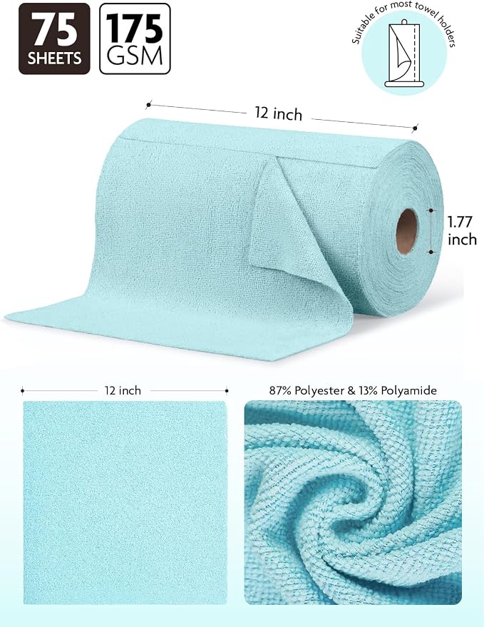Microfiber Cleaning Cloth Roll- 75 Sheets, 12" x 12" (Blue) | Super Absorbent, Lint-free, Tear-away Microfiber Towel Roll, for All-Purpose Cleaning, Reusable Alternative to Paper Towels