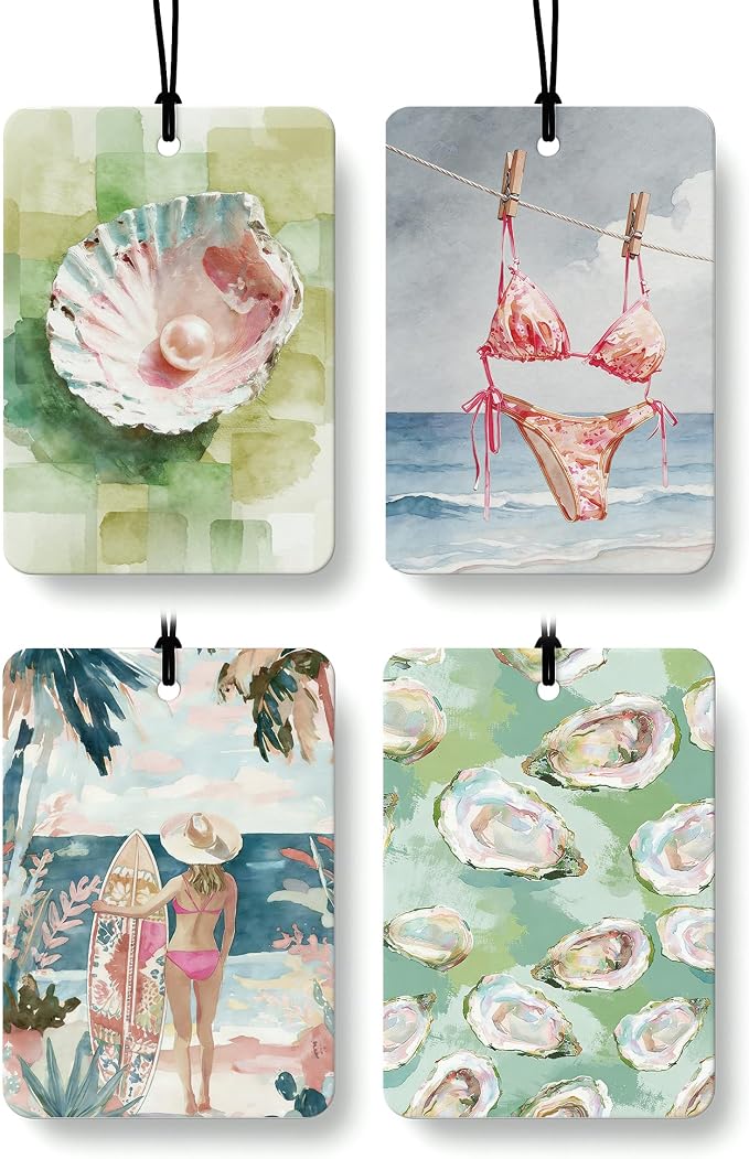 Pink and Green Coastal Beach Car Air Freshener 4 Pcs Coconut Scented, Summer Preppy Beach Car Accessories Mirror Decor for Women, Beachy Hanging Air Freshener for Cars Closet Drawer Books