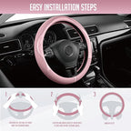 Steering Wheel Cover, Pink Patterned Leather Patchwork Design, Universal Fit 14.5"–15.5", Anti-Slip, Odor-Free, Soft PU Grain Leather, Durable Grip Car Accessory for Girls & Women