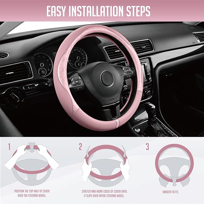 Steering Wheel Cover, Pink Patterned Leather Patchwork Design, Universal Fit 14.5"–15.5", Anti-Slip, Odor-Free, Soft PU Grain Leather, Durable Grip Car Accessory for Girls & Women