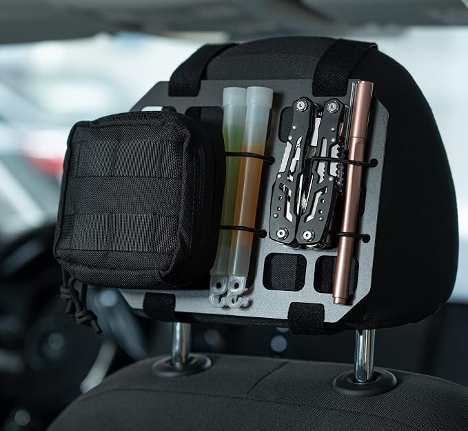 Vehicle Rigid MOLLE Panel Car Seat Headrest Organizer EDC Pouch Tool Holster Bag Holder Auto Interior Accessories Tactical Gear Rack Truck Equipment Mount Plate Modular Storage Shelf