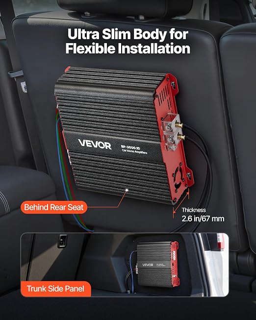 Monoblock Car Amplifier, 3000W RMS MAX, 1/2/4 Ohm Stable, 1-Channel Class D Car Audio Amplifier with Remote Subwoofer Level Control, Low Pass Filter and Bass Boost, Volume Controller Included