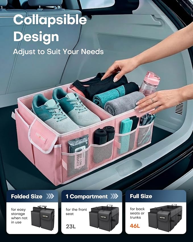Trunk Organizer for Car - Car Organizer, Foldable Trunk organizer for SUVs & Sedans, Sturdy Organization for Car Accessories, Tools, Sundries, Pink, 2 Compartments, 23.6"×14.2"×10.6"