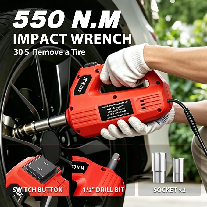 6T Electric Car Jack, 12V Portable Hydraulic Jack with Built-in Inflatable Pump, 550N·m Impact Wrench & LED Light, Lifting Height 6.1-17.7 Inch for SUV/Sedan/Truck/MPV Tire Change & Garage Repair
