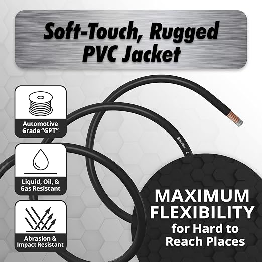 4 Gauge Copper Clad Aluminum Wire - 50 Ft 4GA Power Ground Cable for Car Audio, Battery, RV, Trailer and Automotive Wiring - Flexible Car Amplifier - Black