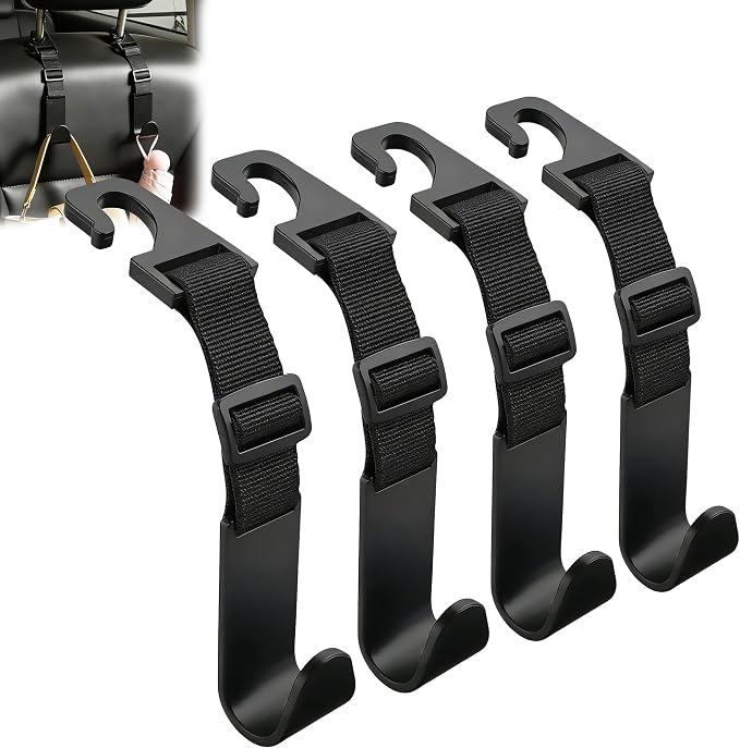 Adjustable Car Headrest Hooks, 4 Pack Universal Fit Vehicle Seat Back Organizer Hanger for Purse, Bags & Groceries, Black