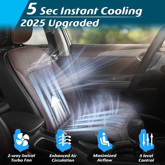 Paffenery 2026 Upgraded Cooling Car Seat Cover Front Seat, 12V-24V Ventilated Cooling Car Seat Cushion, Cooled Seat Cover for Car SUV Truck Universal Fit, Walnut Brown