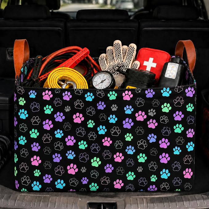 Dog Paw Car Trunk Organizer, 20L Collapsible Auto Storage Basket with Handles, Waterproof Reusable Shopping Grocery Bags for SUV, Truck, Paw Print Cars Boot Organizer Gifts for Women Men Drivers
