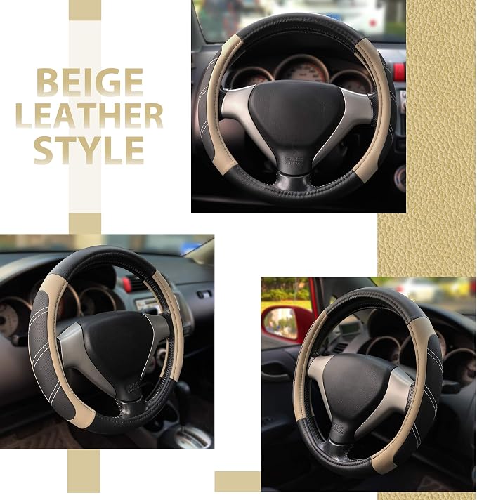 Steering Wheel Cover Leather 15 1/2 to 16 inch Universal Large Soft Grip Breathable for Car Truck SUV Jeep Anti Slip Beige