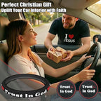 Christian Trust in God Steering Wheel Cover with 2 Coasters, Red & Black PU Leather Anti-Slip Car Wheel Protector, Christian Gifts for Men Women, Universal 15" Fit Cars SUVs Trucks