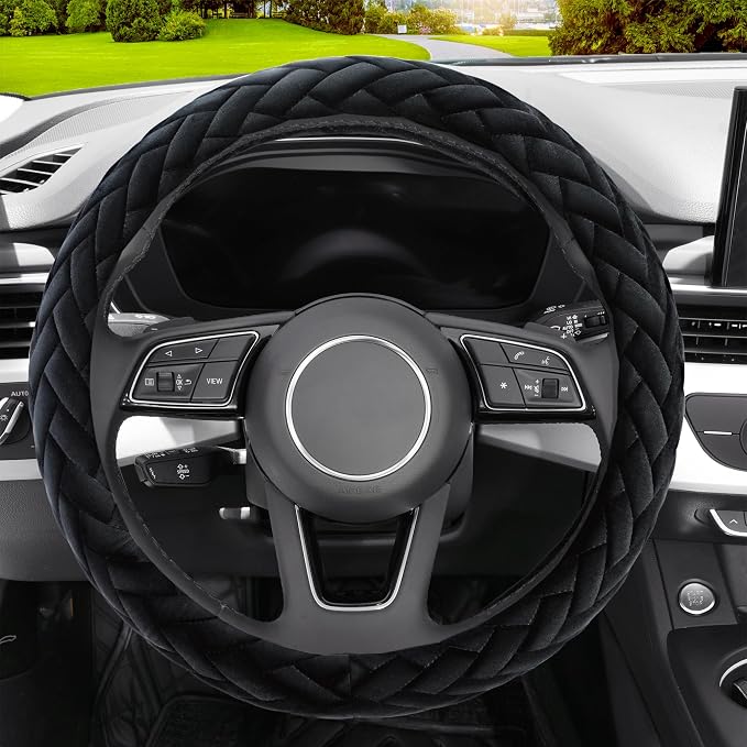 YHONGJT Soft Velvet Steering Wheel Cover Cute Hands Warm Fuzzy, Universal 15 Inch for Women Girls, Fit Vehicles, Sedans, SUVs, Vans, Trucks - Black