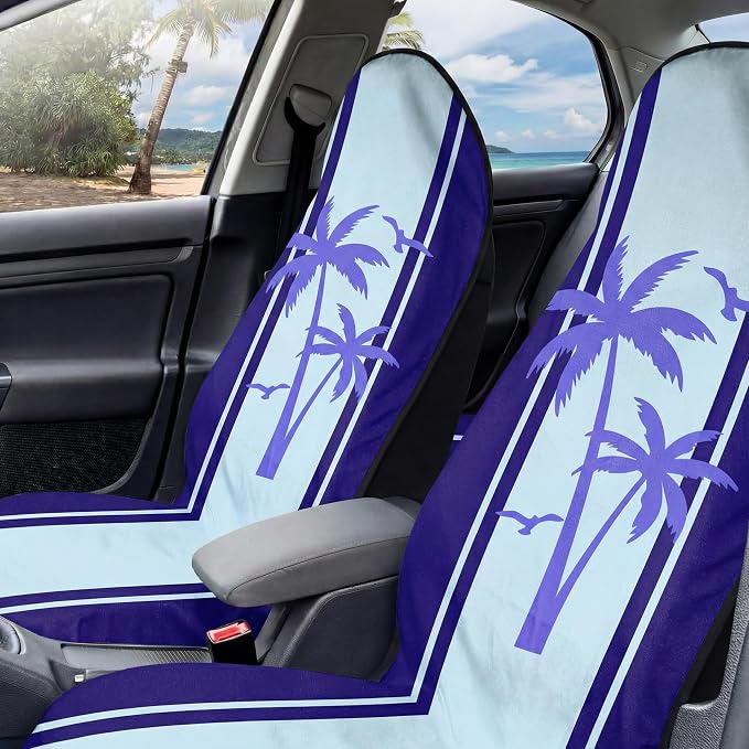 2 Pack Car Seat Towel Covers, Sweat Protector for Front Seats, Premium Thickened Microfiber with Elastic Strap, Breathable & Quick Dry, Machine Washable Cover for Gym Running Universal Fit Palm Tree